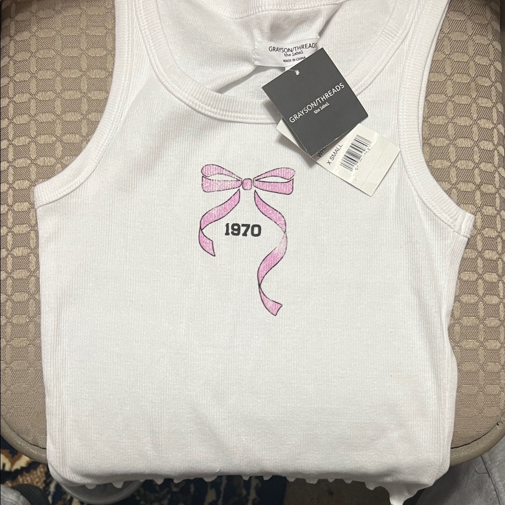 Grayson Threads White Tank with Pink Ribbon